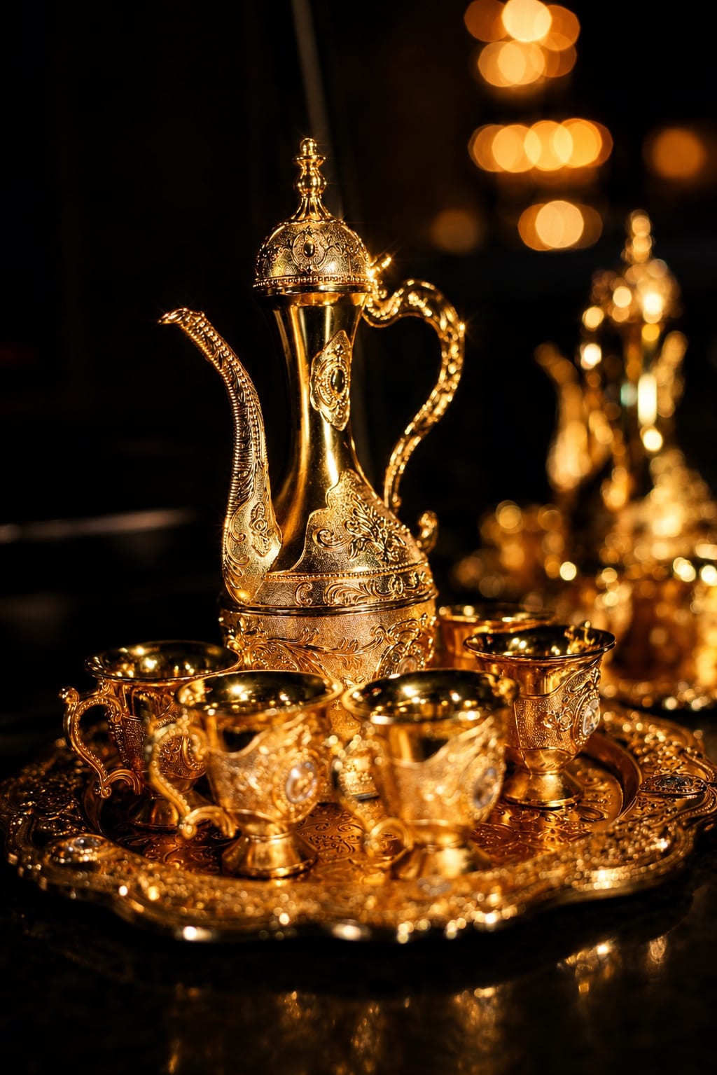 Ornate gold pitcher and cups under warm lounge lighting