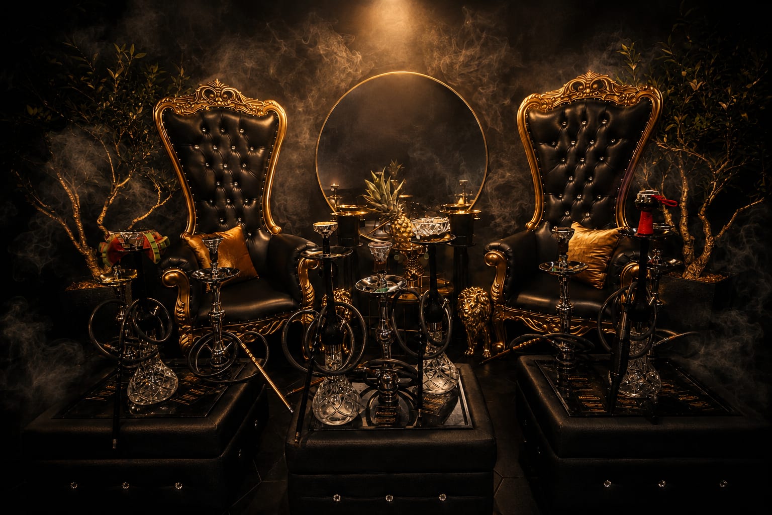 Two black and gold throne chairs, a round mirror, and premium hookahs inside Madani's